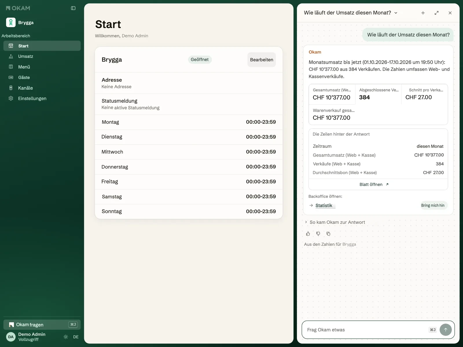 Frag Okam im Backoffice: die Frage nach dem Umsatz in diesem Monat, mit der Antwort und den Zahlen dahinter.
