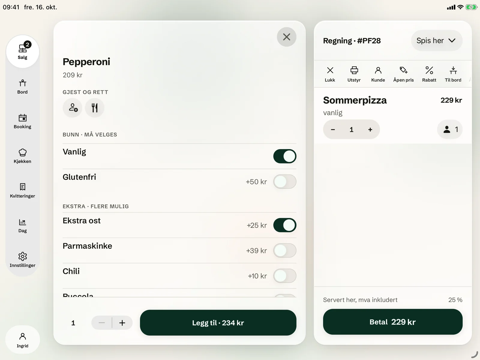 The options for Pepperoni in the POS: guest and course, a base that must be chosen, gluten-free and extra cheese, and the Add button.