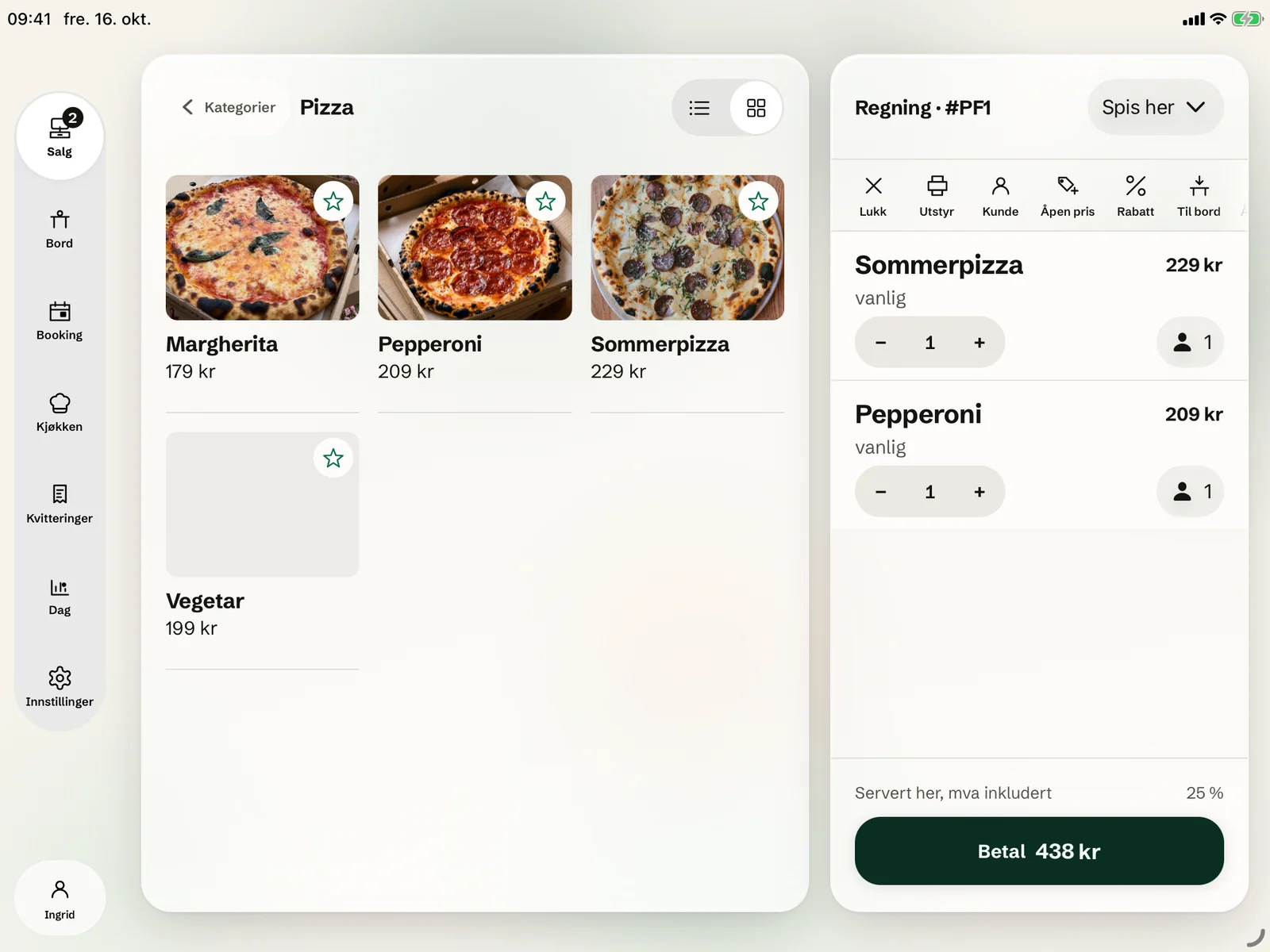 The POS on iPad: the pizza menu with pictures of the dishes, and the bill with Sommerpizza and Pepperoni.