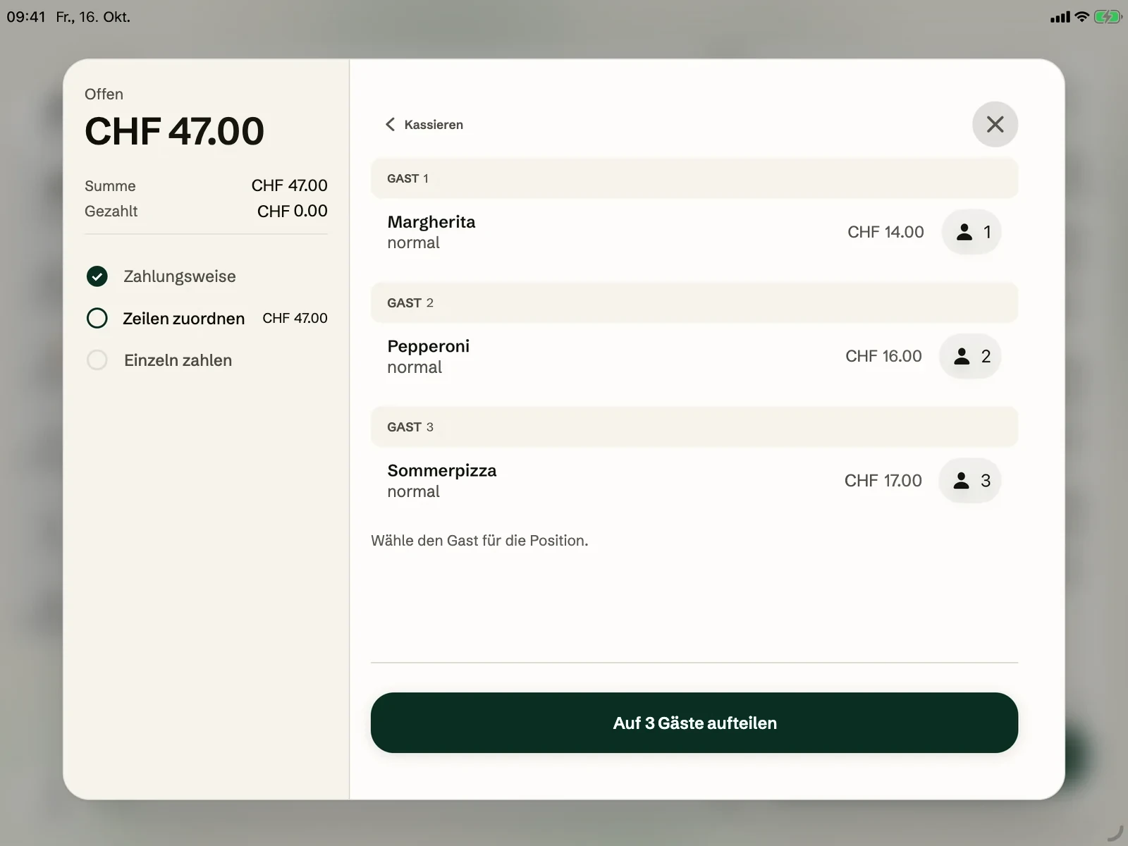 Die Kasse von Okam auf dem iPad: Die Rechnung wird auf die Gäste aufgeteilt.