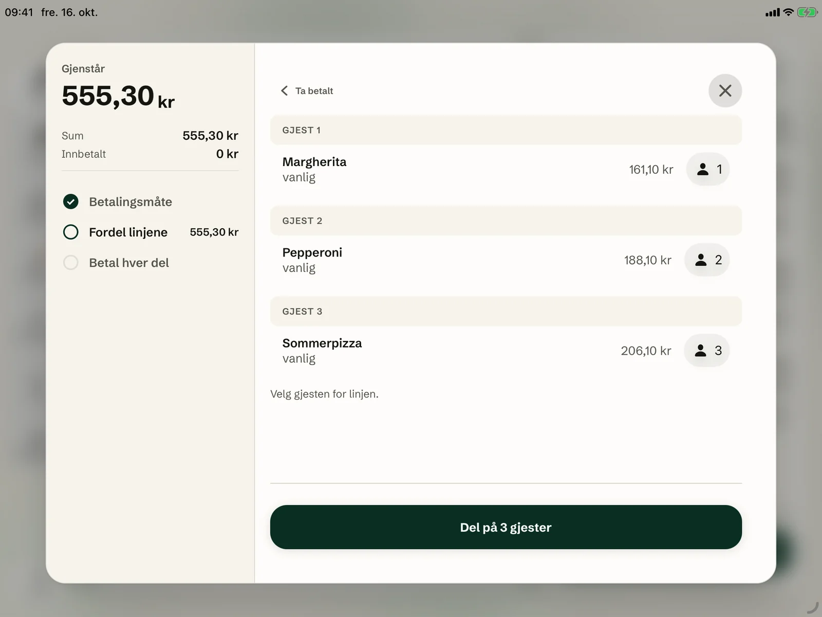 Okam's POS on iPad: the bill is split between the guests.