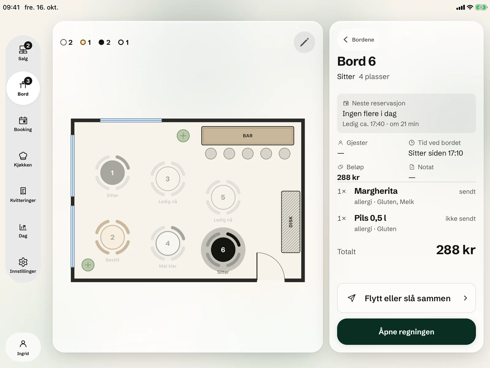 The floor plan in the POS with the card for table 6 open: 288 kr, the dishes and the 'Open the check' button.