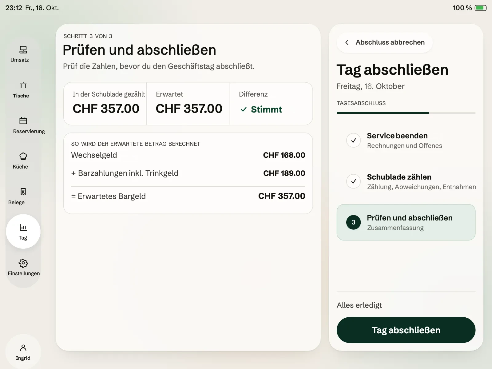 Tagesabschluss in der Kasse: Die Schublade ist gezählt und der Tag abgeschlossen.