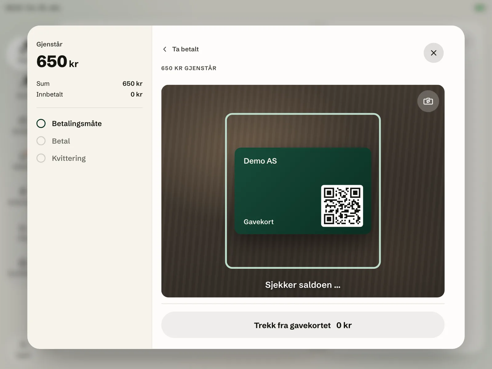 A gift card at the till: the card is scanned with the camera, and the balance comes off the bill.