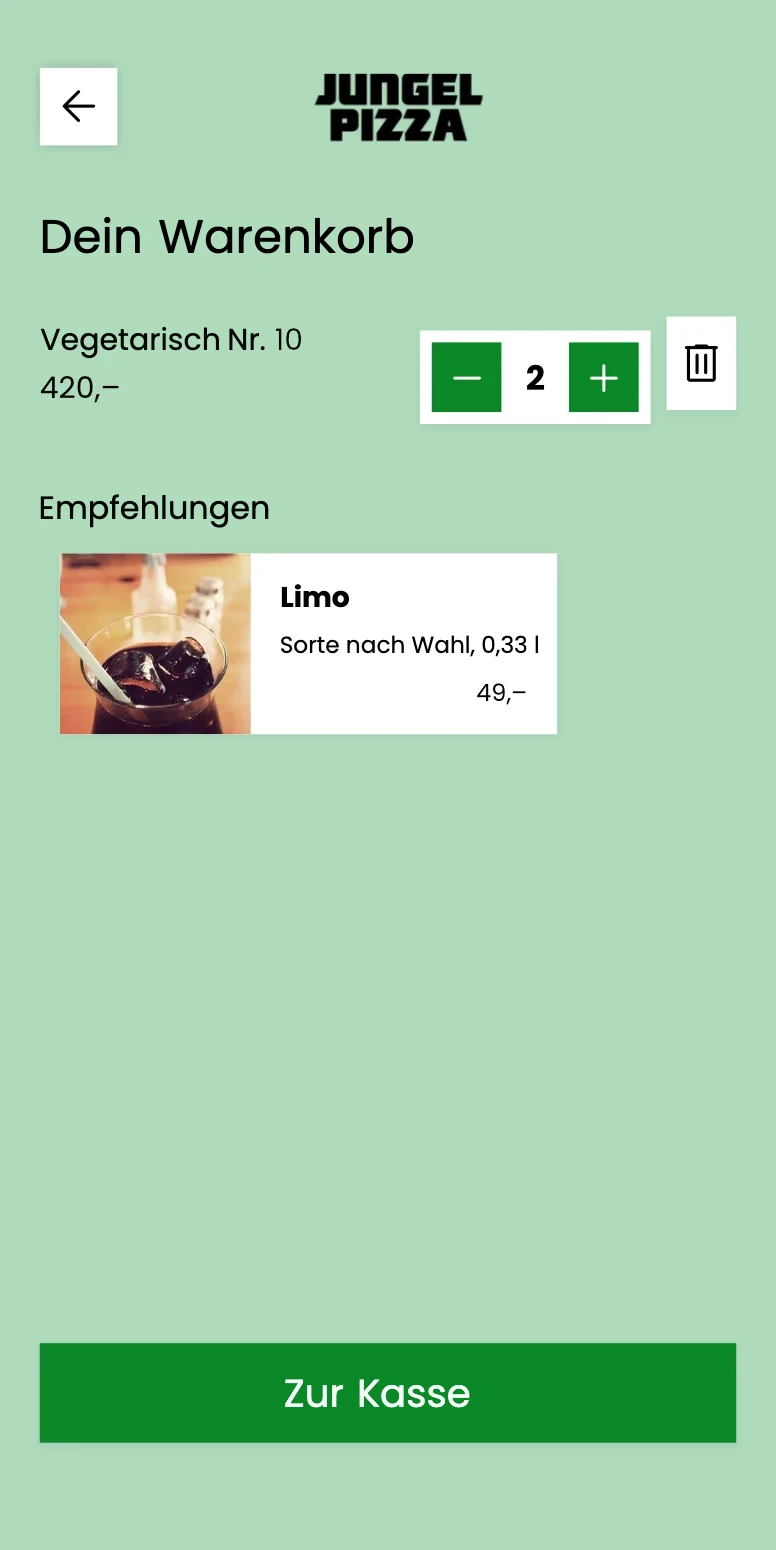 Der Warenkorb in der App: zweimal Vegetar nr. 10 und der Button zur Kasse.