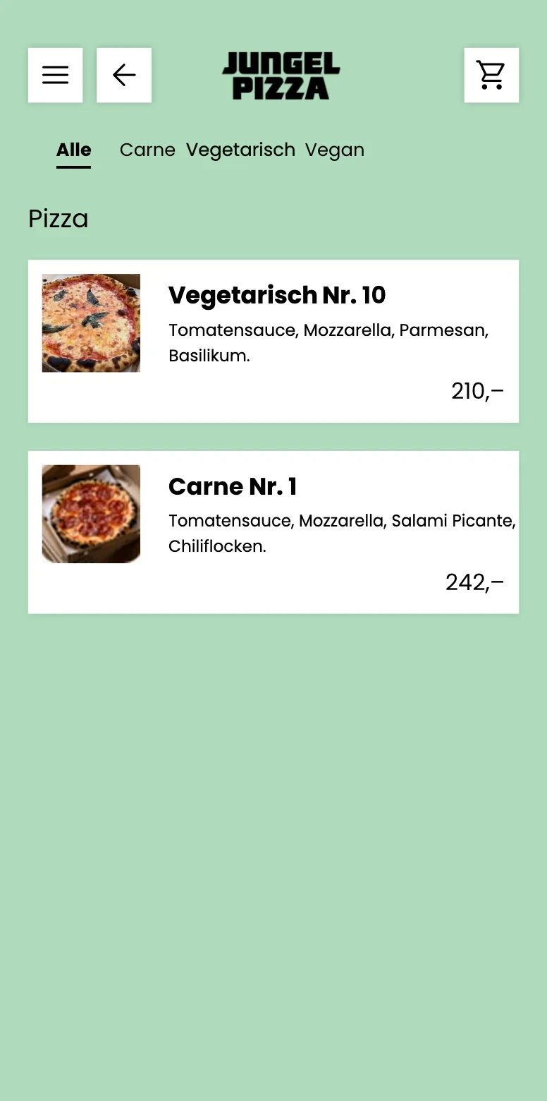 Der Onlineshop mit Namen und Speisekarte des Restaurants, auf dem Handy.