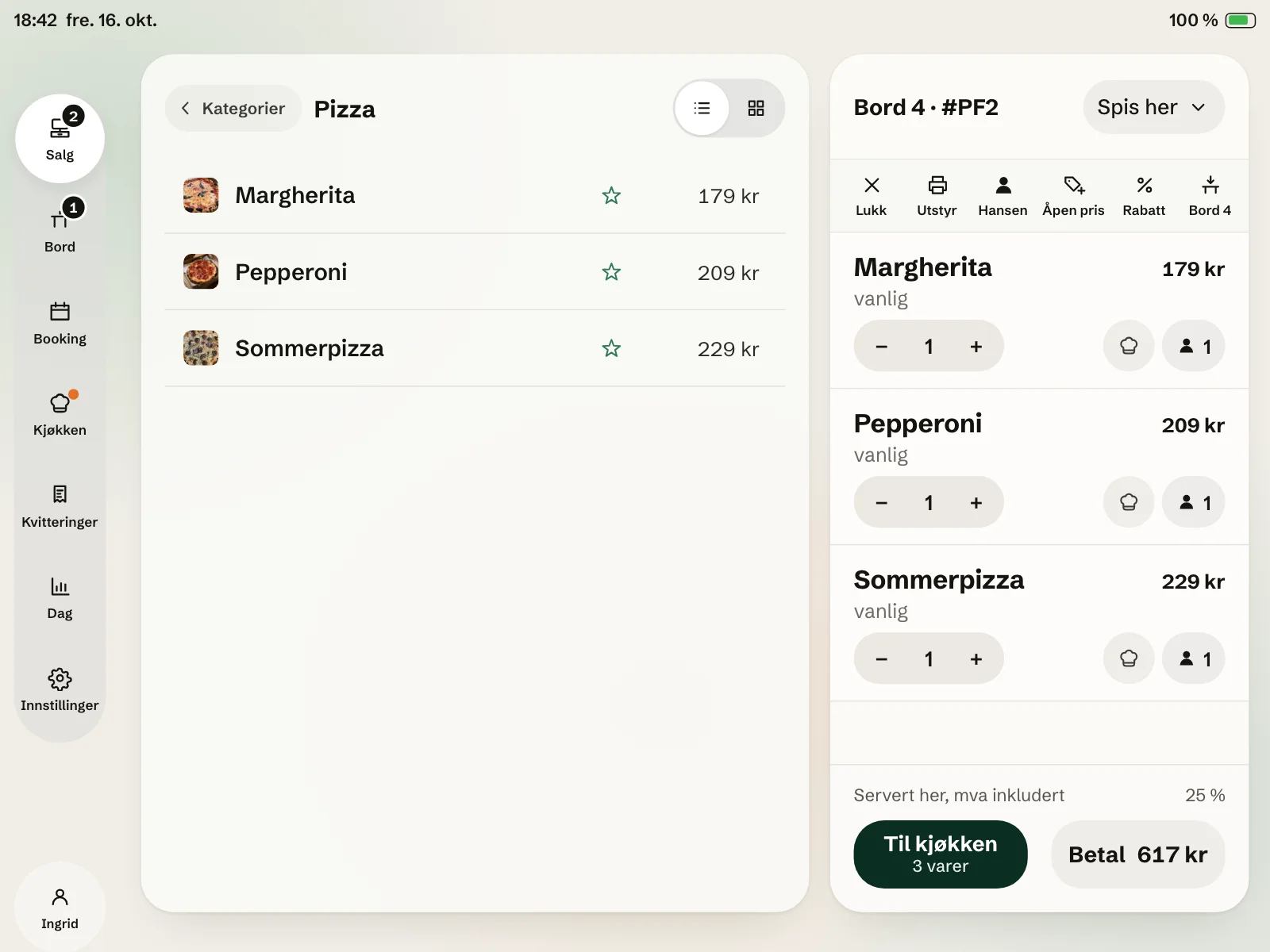 Kassa på iPad: tre pizzaer til bord 4 på regningen, og knappen Til kjøkken.