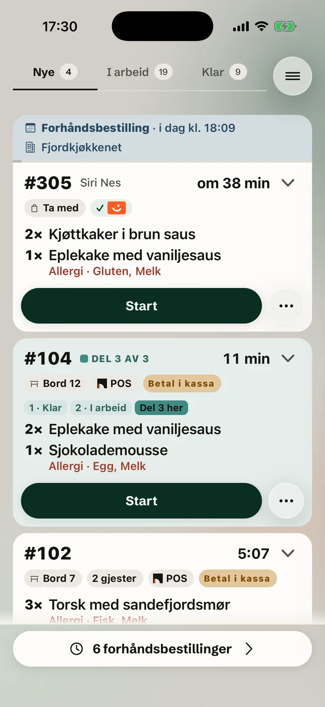 The kitchen screen on iPhone, the New column: pre-order 305 for pickup, table 12 and table 7, with the allergies in red under the dishes.