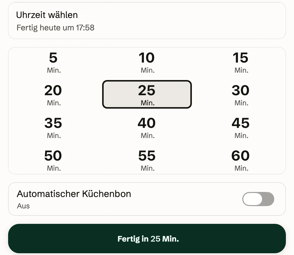 Fertigzeit von 5 bis 60 Minuten, 25 Minuten ausgewählt.
