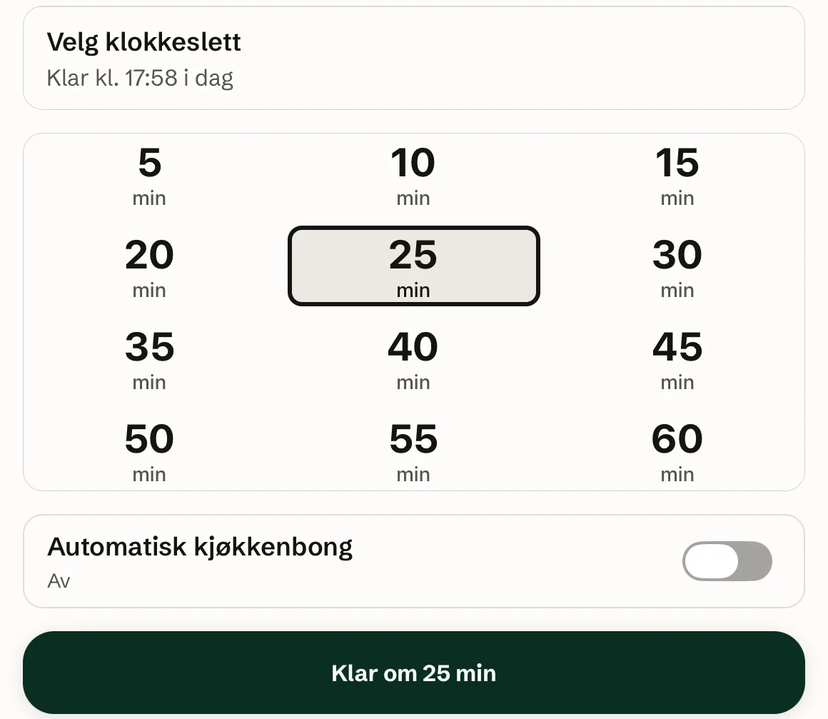 Ready time from 5 to 60 minutes, with 25 minutes chosen.