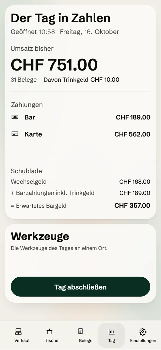 Der Tag in Zahlen in der Kasse auf dem iPhone: der bisherige Umsatz, die Zahlungen und die Schublade.