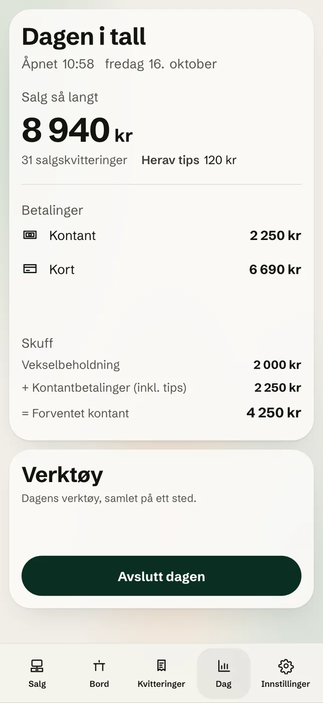 The day in numbers in the POS on iPhone: sales so far, the payments and the drawer.