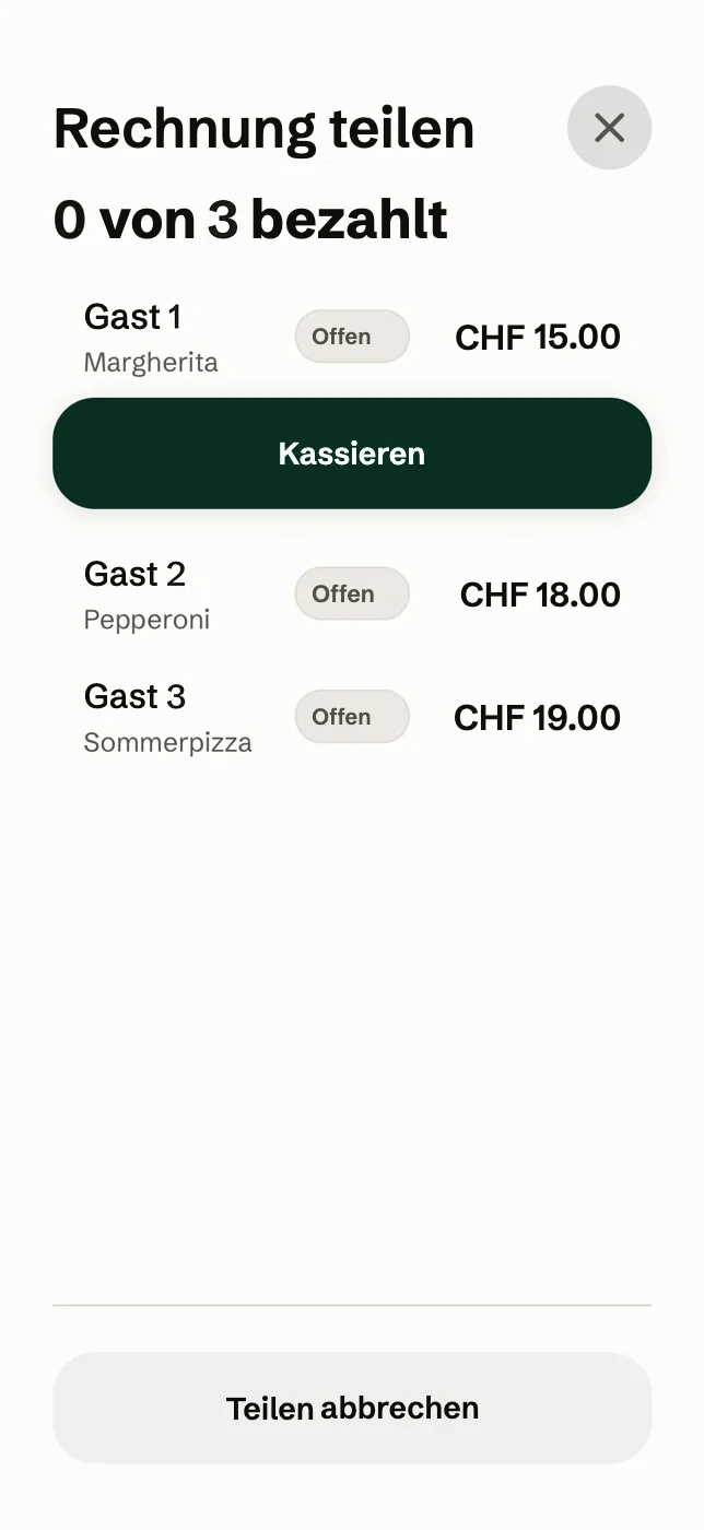 Die Kasse auf dem iPhone: Die Rechnung ist auf drei Gäste geteilt, und jeder zahlt seinen Teil.