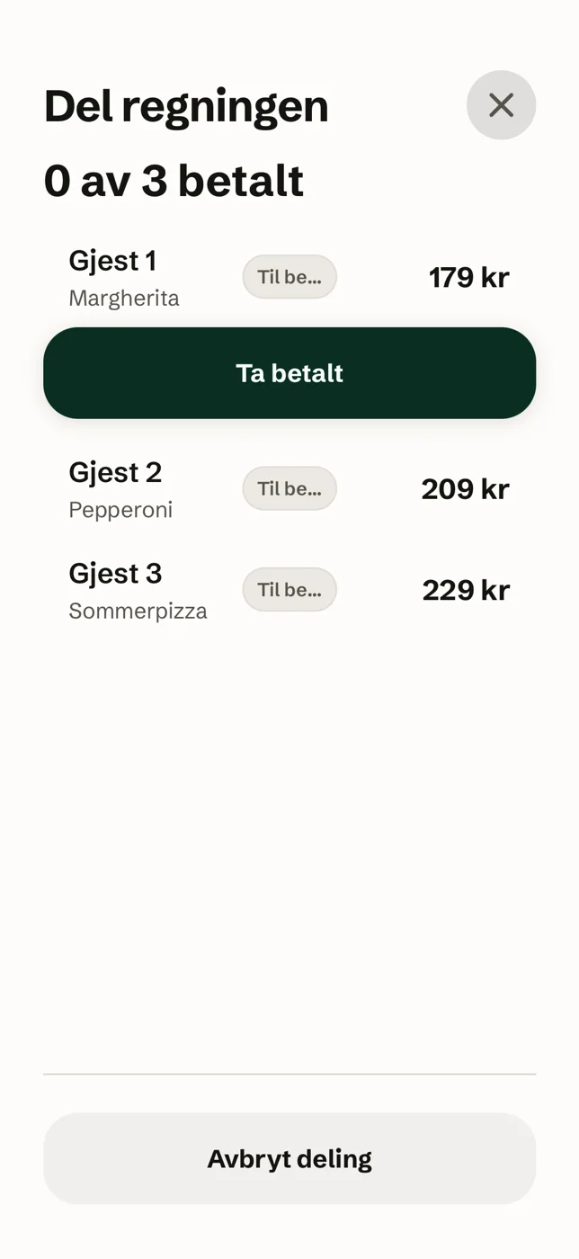 Kassa på iPhone: regningen er delt på tre gjester, og hver betaler sin del.