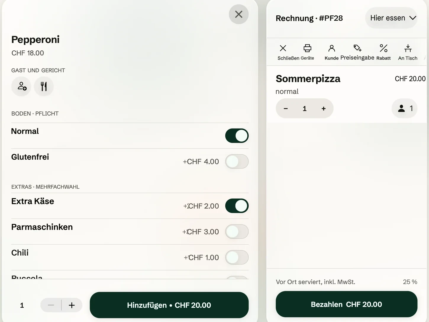 Die Okam-Kasse auf dem iPad: Pepperoni mit Auswahl von Gast und Gang, Boden, glutenfrei, extra Käse und Parmaschinken, und der Button „CHF 20.00 hinzufügen“.