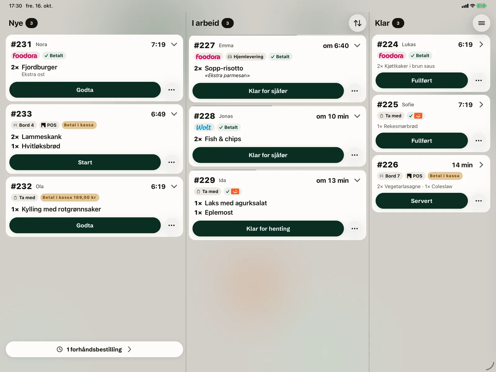 Kjøkkenskjermen på iPad med kolonnene Nye, I arbeid og Klar: Foodora-, Wolt- og Vipps-bestillinger sammen med bordene og ta med.