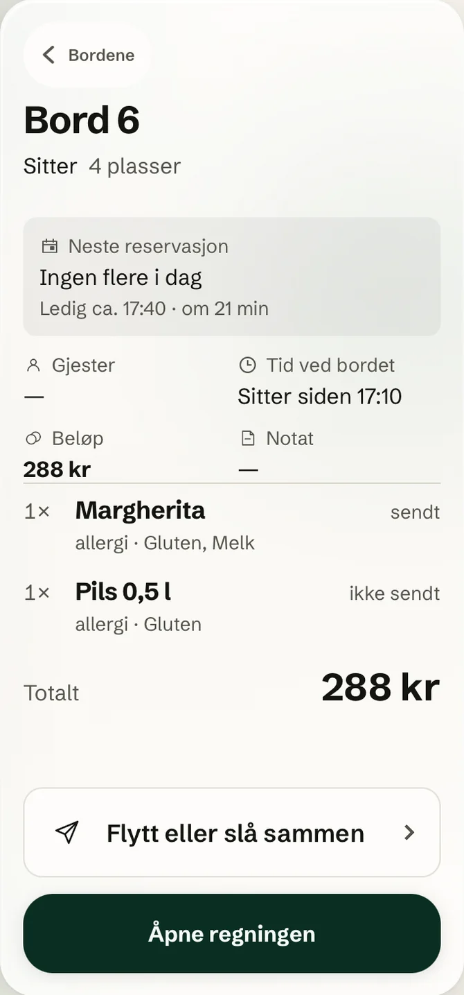 Bordkortet for bord 6: 288 kr, Margherita og pils med allergiene, neste reservasjon og knappen Flytt eller slå sammen.